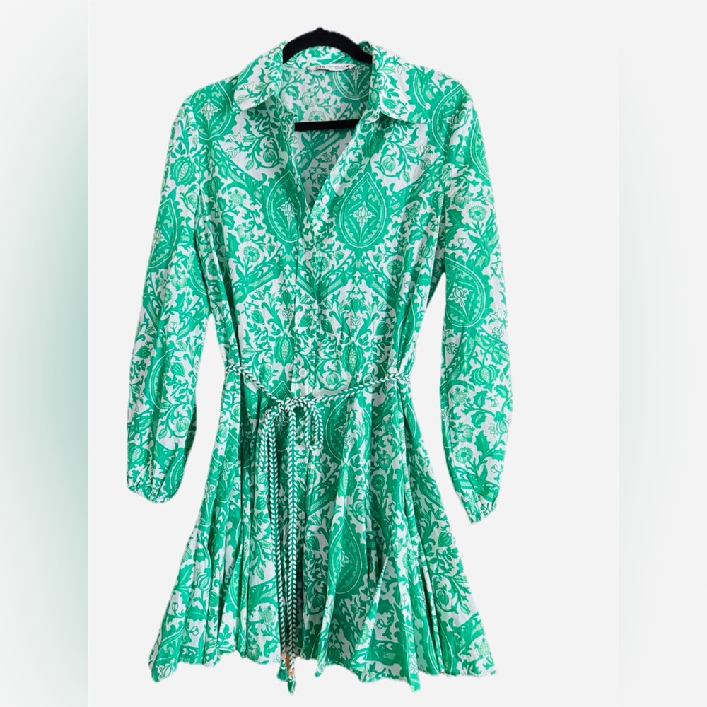 Zara Green and White Printed Mini Dress
